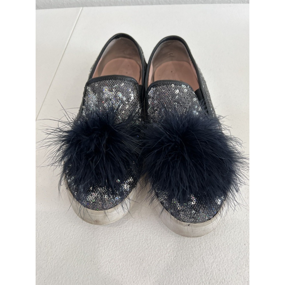 Kate Spade New York Latisa Blue  Sequin Slip On Shoes 8.5 Feather Pom Sneaker